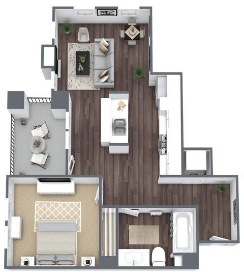 Floor plan for 1 bed, 1 bath, 667 sqft